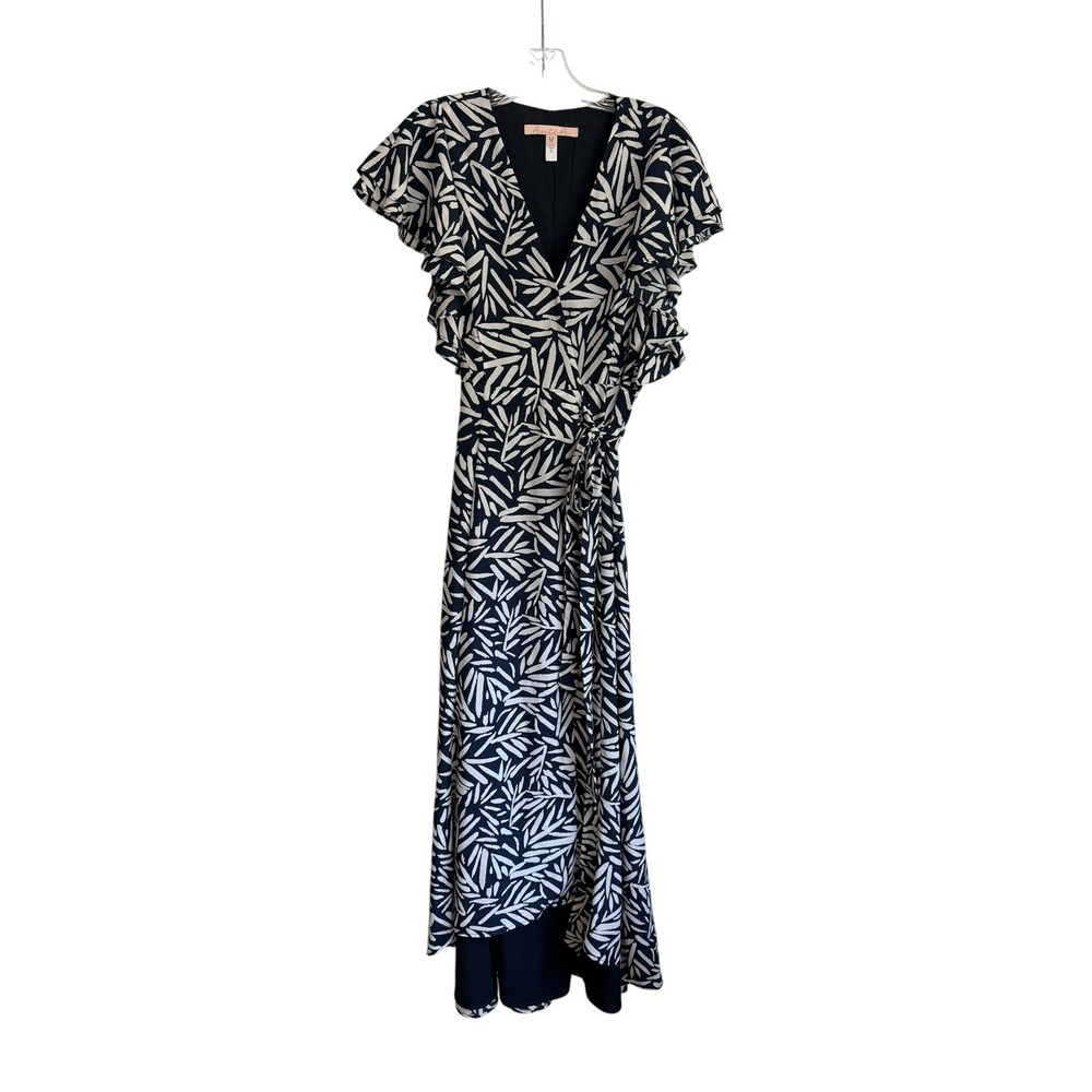 Hutch Zuri True Wrap Navy White Palm Leaf Maxi Dress Flutter Sleeve V-Neck Sz M